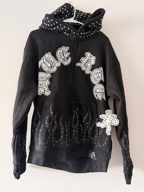 “Hasta Muerte”Men’s Black Studded Flame ZipUp Velour Hoodie Graphic Patch Large
